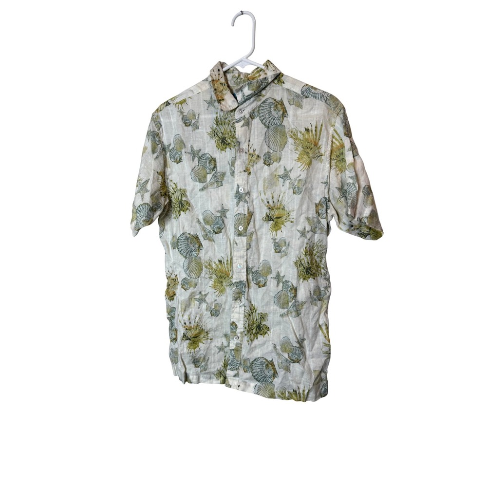 Tori Richard Shirt Mens Medium White Green Linen Seashell‎ Hawaiian Button Front